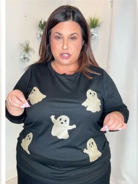 Plus Black Long Sleeve Top with Shimmery  Ghosts
